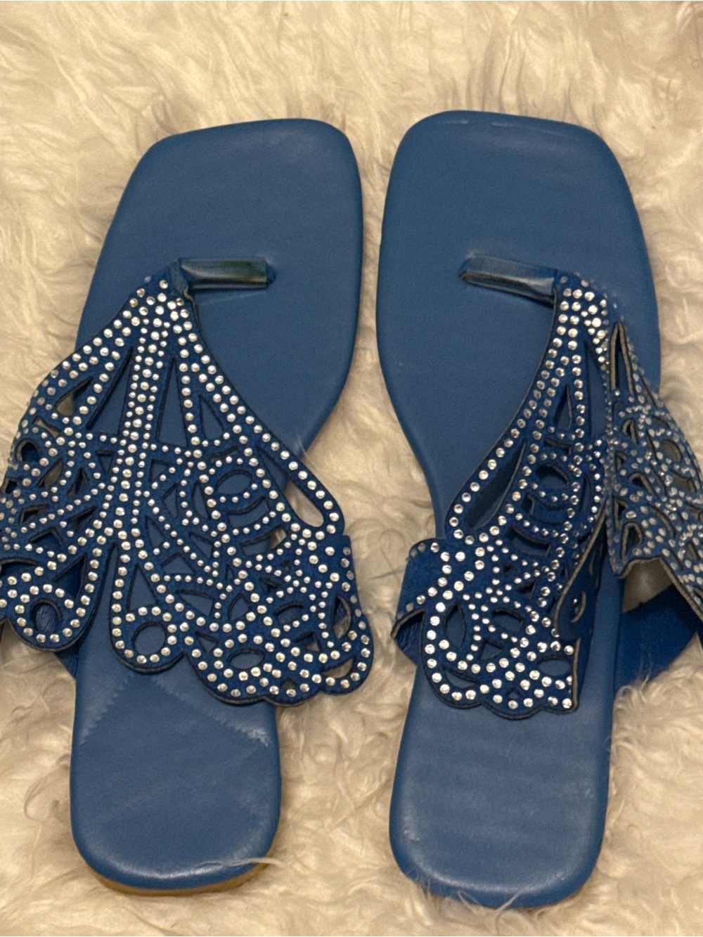 Women's Blue Rhinestone Cutout Toe-Post Sandals - Picture 2 of 5